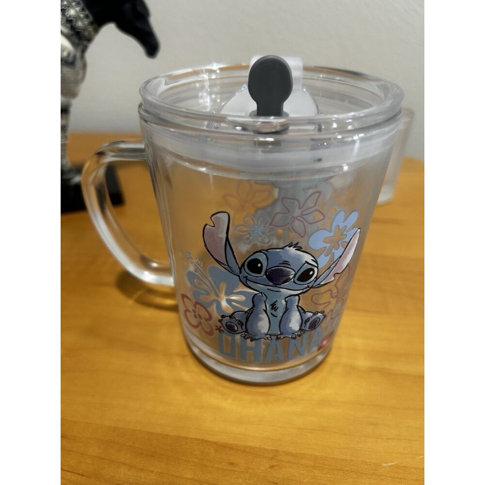 Disney Lilo & Stitch "Ohana" Glass Coffee Tea Mug With Lid 14 Ounces